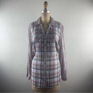 Vintage America l L Nadia Plaid Embroidery Roll Tab Cinch Waist Henley Tunic Top